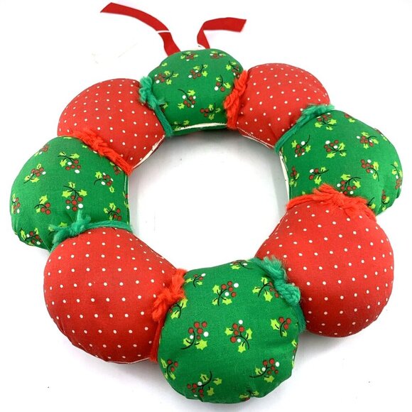 Christmas Puffy Wreath Fabric 13" Red Yellow Green Vintage Snowman Angel Santa - Picture 6 of 6